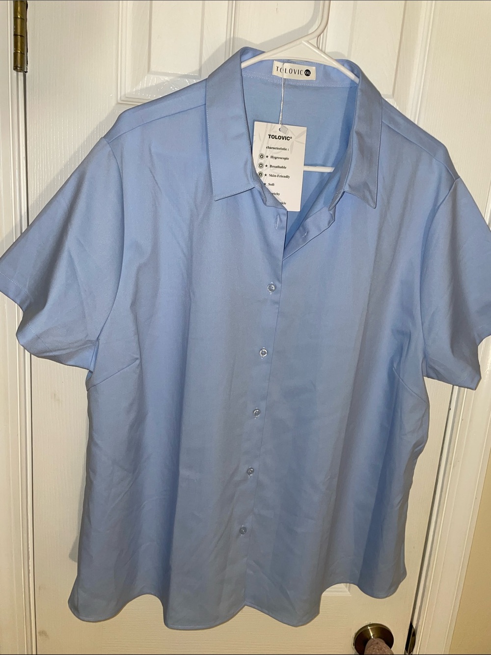 TOLOVIC Light Blue Short-Sleeve Button-Up No-Iron BLOUSE XXL
